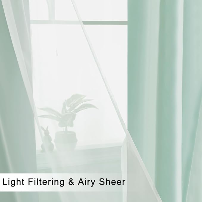 Hiasan Blackout Curtains with Sheer Overlay, Grommet Thermal Insulated Privacy Mix and Match Double Layer Window Curtains for Bedroom, Living Room, 2 Drape Panels with Tiebacks, Aqua, 52W X 63L