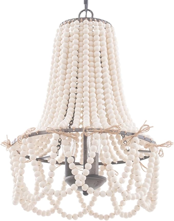 Wood Beaded Chandelier 3-Light Bohemia Pendant Light Fixture Farmhouse Round Hanging Chandelier White Beads with Black Chain for Bedroomn Dining Room Foyer