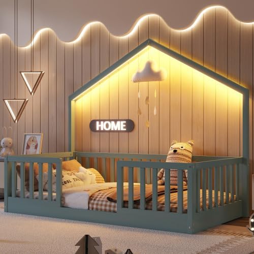 Twin Size House Bed for Kids, Low Profile Montessori Bed Twin with High Railings, Wood House Shape Montessori Beds with Light & Roof for Kids, Gray