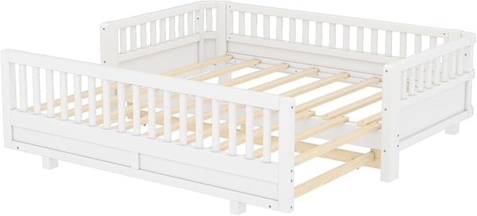 KEIKI Solid Wood Expandable Twin Size Floor Bed for Kids with Guardrails, Can Be Converted into a Double Twin Bed Platform, Montessori Low Profile Bedframe Daybed for Girls Boys, No Box Spring Needed