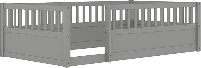 Harper & Bright Designs Twin Floor Bed for Kids, Wood Floor Beds with High Guardrails, Montessori Bed Twin with Opening Door for Boys, Girls, Kids, Solid Wood Structure, Gray