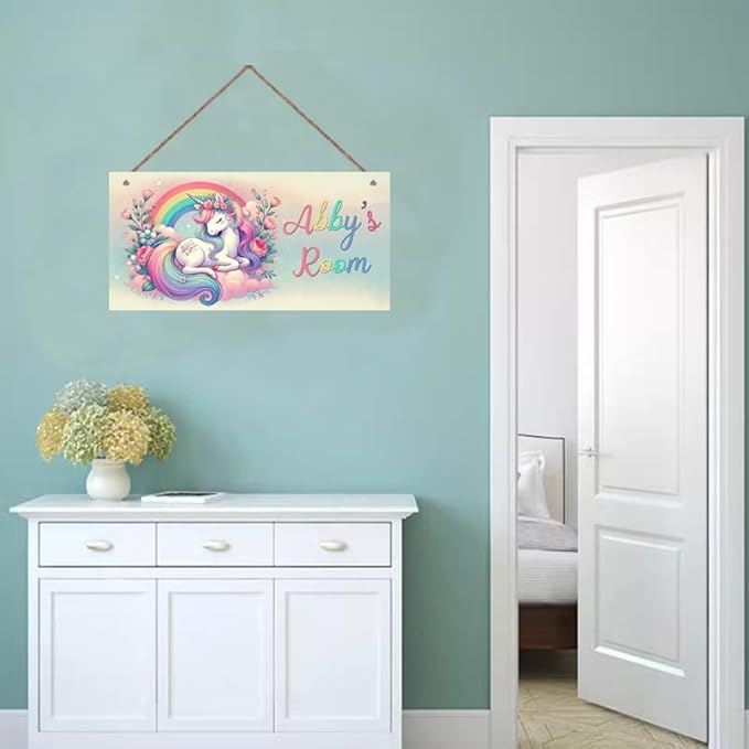 Personalized Rainbow Unicorn Flowers Door Sign Girls Bedroom Kids Nursery Wall Decor Custom Name Art Wooden Plaque For Home Kitchen Garden Yard Wall Club Front Door Decor