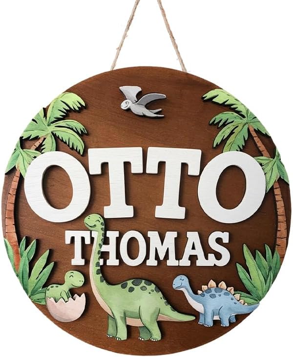 Personalized Baby Name Signs for Nursery, Dinosaur T-rex Sign for Baby Door Decor, Newborn Gifts for Boy, Boys Nursery Wall Bedroom Decorations, Mother's Day Gifts for New Mom Dad Gift