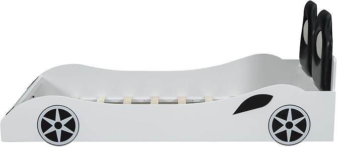 Bellemave Wood Twin Size Race Car-Shaped Platform Bed with LED and Upholstered Backrest, Kid's Platform Bed Frame with Race Car-Shaped and Safety Guardrails for Kids, Boys, Girls.(White)