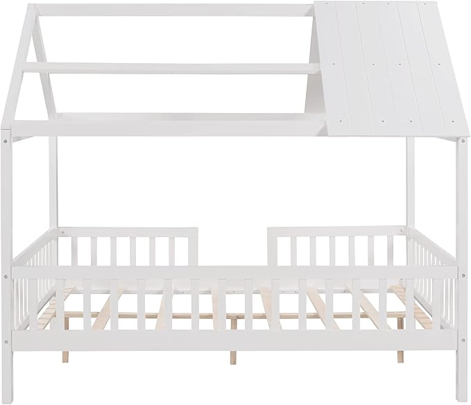 Bellemave Full House BedFrame with Roof, Montessori Floor Bed, House Bed with Rails for Kids, White