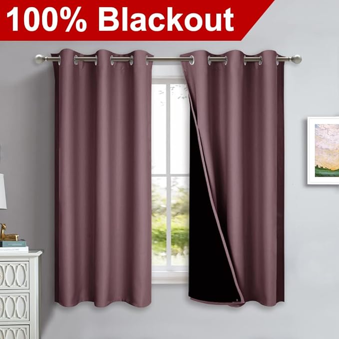 NICETOWN 100% Blackout Short Curtains with Black Liners, 2 Panels, 37" W by 60" L, Dry Rose, Solid Thermal Insulated Full Blackout 2-Layer Lined Drapes, Energy Efficiency Window Drapes for Bedroom