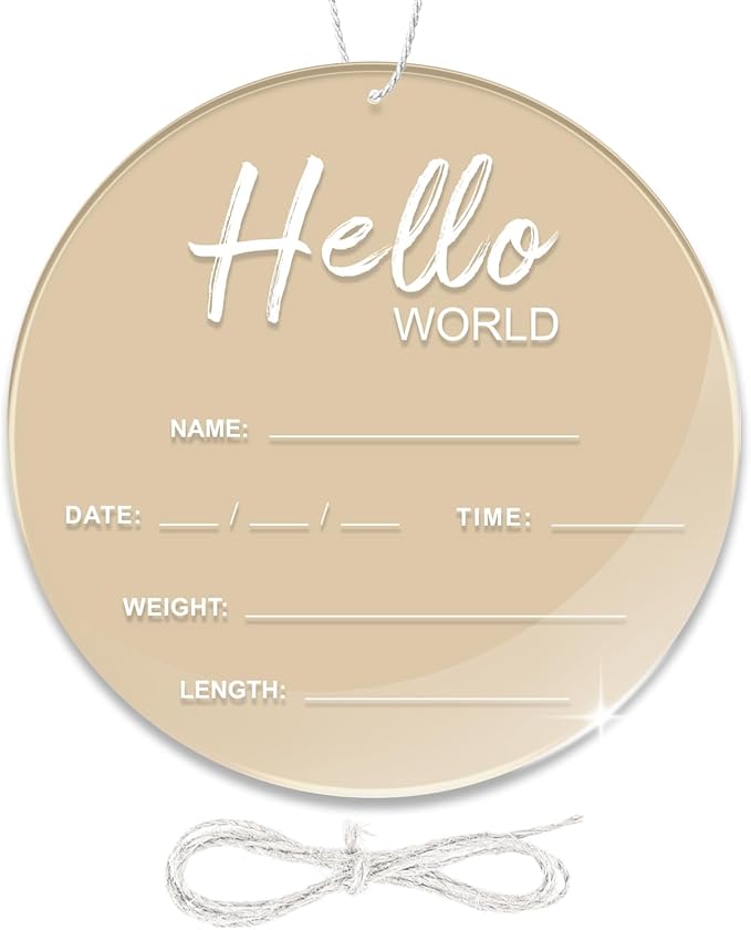 Baby Announcement Sign, 6.7 Inch Hello World Newborn Sign, Thickness Upgrade Birth Announcement Sign for Hospital, Nursery Baby Shower (Cream)