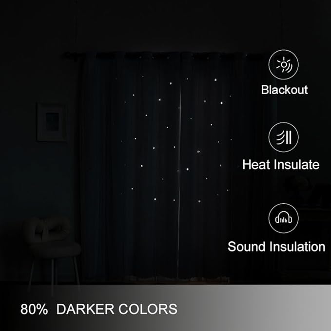Ombre Rainbow Blackout Curtains for Kid Girls Bedroom Living Room Darking Stripe Double Layer Star Cut Out Wall Home Decor Gradient Grommet Window Curtains (Greywish White 95)