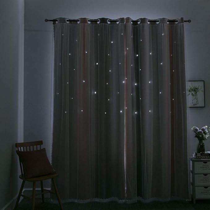 FANLI Ombre Rainbow Blackout Curtains for Kid Girls Bedroom Living Room Darking Stripe Double Layer Star Cut Out Wall Home Decor Gradient Grommet Window Curtains (Pink/Grey, 52W x 72L)