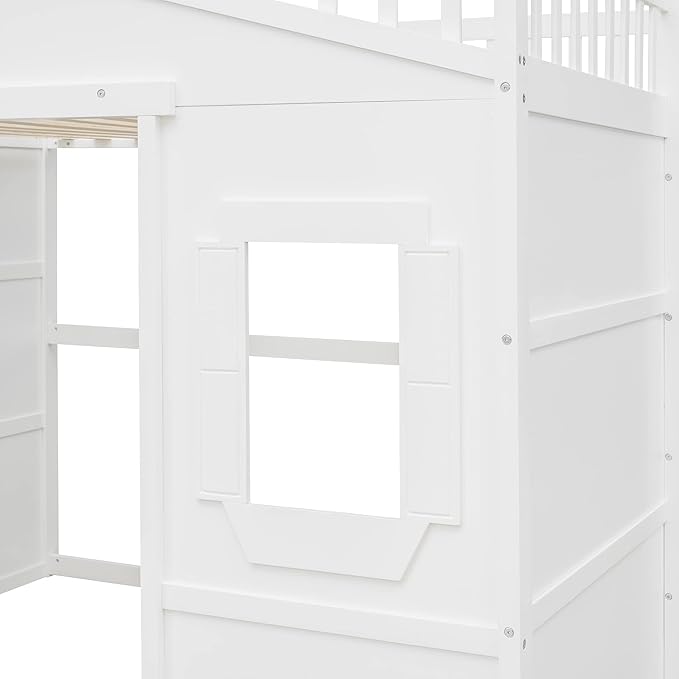 Full Size Loft Bed with Safety Guardrail for Kids Boys Girls, Playhouse Design Solid Wood Loft Bed Frame with Ladder and Windows, Strong Wood Slats Support, Space-Saving (White)