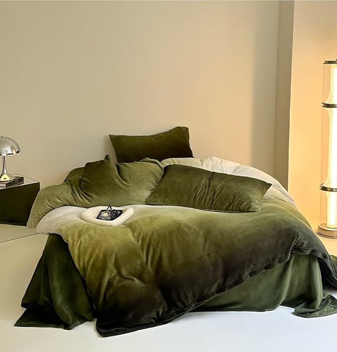 Houseri Green White Gradient Velvet Duvet Cover Twin Fluffy Olive Green Sherpa Bedding Duvet Cover Sets Extra Soft Comfy Flannel Fuzzy Army Green Ombre Duvet Covers Twin Size