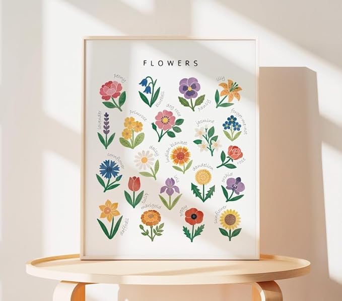 OZCONO Flowers Learning Poster, Vibrant Nature Chart Kids, Preschool Wall Decor Art, Homeschool Education Guide (Unframed) (11x14)
