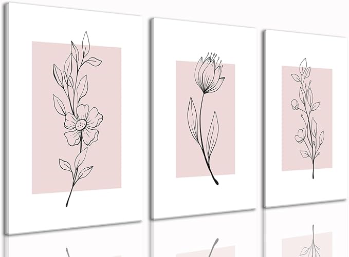 MTFBWY Floral Wall Art Line Flower Canvas Print Pink Botanical Pictures Poster Home Wall Decor Framed Minimalist Painting Artwork Set of 3 for Bedroom,Living Room Bathroom 12"x16"