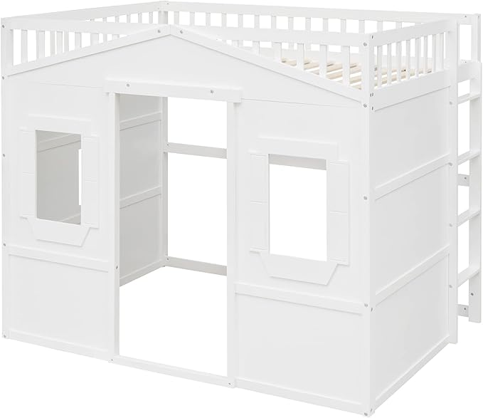 Full Size Loft Bed with Safety Guardrail for Kids Boys Girls, Playhouse Design Solid Wood Loft Bed Frame with Ladder and Windows, Strong Wood Slats Support, Space-Saving (White)