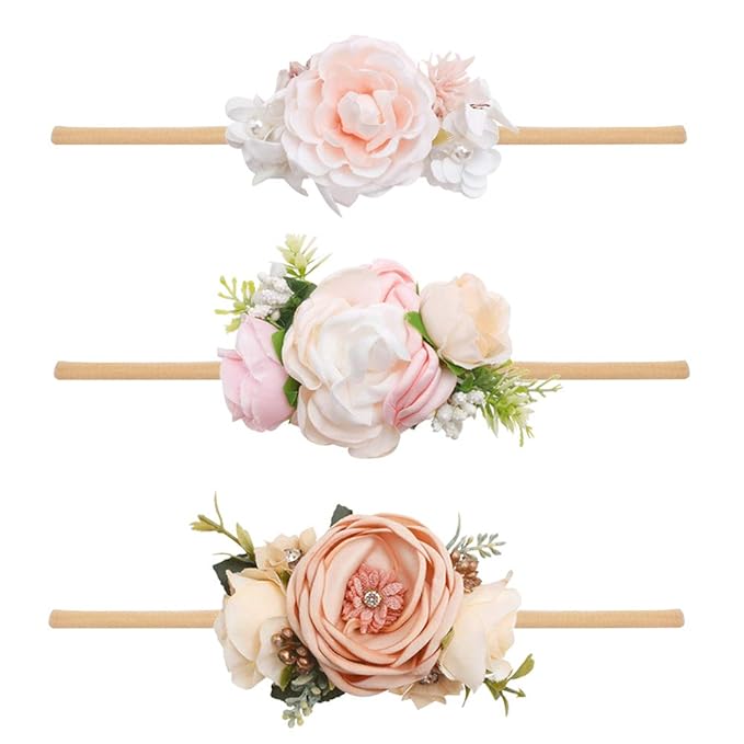 Baby Girl Floral Headbands- 3pcs Nylon Headband Handmade Flower Crown Elastic Hairband Newborn Toddler Hair Accessories Gifts for Girls （1-6 years old）