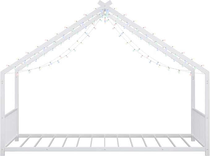 Bellemave Twin Size Montessori Floor Beds with Slats for Kids, Metal Twin House Bed for Kids, White with Slats and Lights