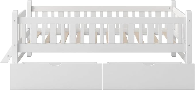 LUMISOL Twin Size Kids Bed Frame with Storage Drawers, Wood Twin Size Floor Bed with Safety Guardrail and Ladder for Girls Boys Teens, White