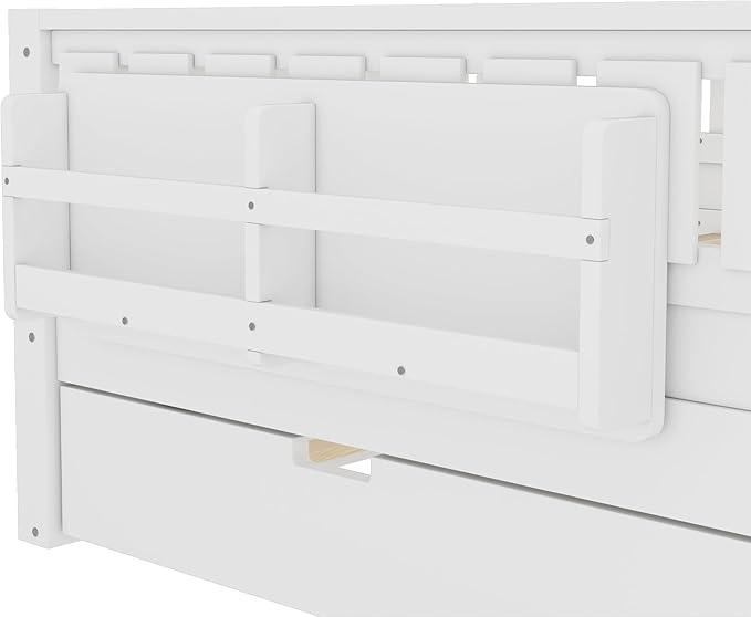 Bellemave Full Size Kids Bed with high Rails and with Built-in Bookshelf and Trundle for Kids, Girls, Boys, Wood Montessori Bed Without Door, White