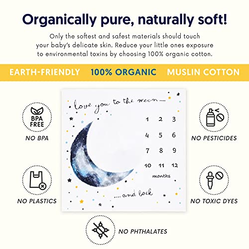 Organic Baby Monthly Milestone Blanket Boy - Love You to The Moon and Back Blanket for Boys, Growth Chart for 1-12 Months Milestones, Gender Neutral, 47”x47”
