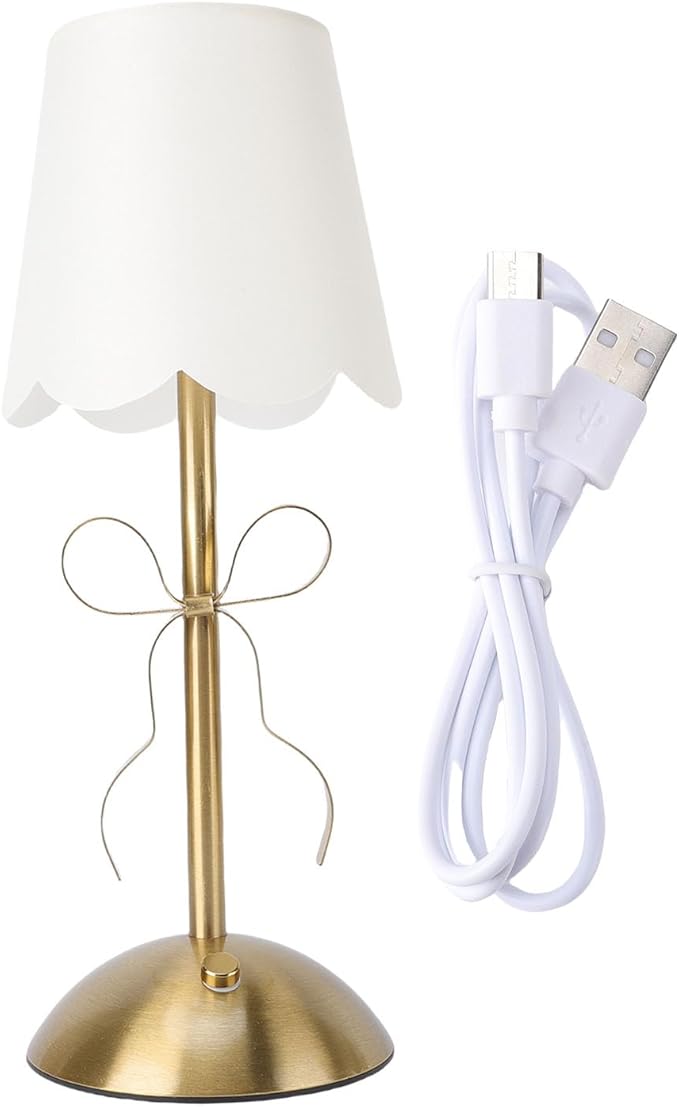 Zunate Bow Table Lamp, Rechargeable Cordless Bedside Lamp with Fabric Shade, Touch Control & Dimmable Brightness,Cute Decorative Metal Light for Bedroom, Nursery, Living Room