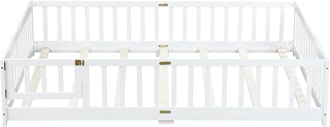 Queen Size Floor Bed with Fence and Door,Easy to Assemble Wood Bedstead,Platform Bed w/Safety Guardrails/Near The Ground,White