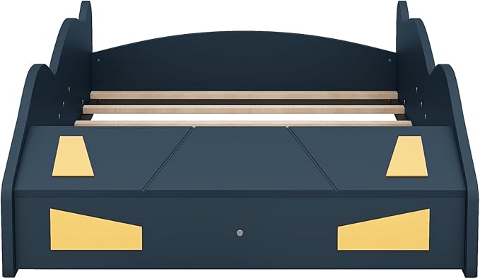 Twin Size Race Car-Shaped Platform Bed with Wheels and Storage,Kids Twin Bed Frame W/Guardrails,Race Car Bed for Boys Toddlers Kids,Child's Bedroom,Dark Blue+Yellow