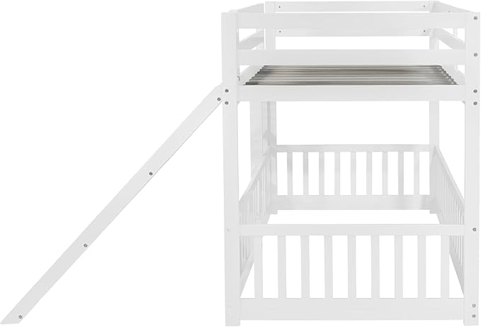 Twin Over Twin Bunk Bed with Slide and Ladder, Wood Floor Bunk Bed Frame with Door and Safety Guardrails for Kids Teens Boys Girls, No Box Spring Needed