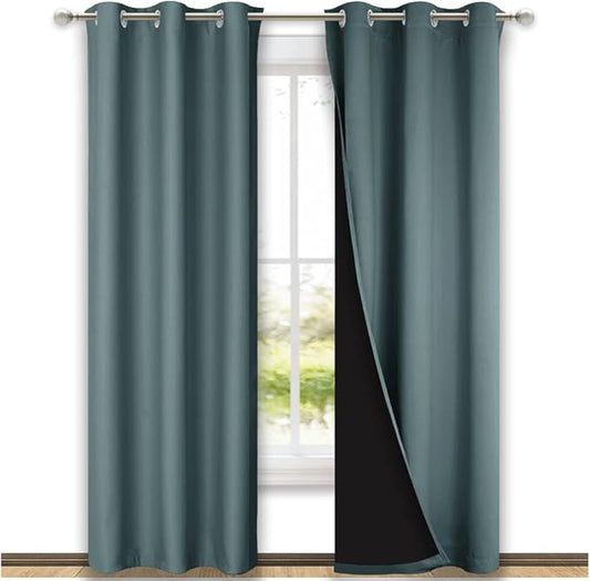 NICETOWN Greyish Blue Blackout Curtains 80 inches Long, Full Light Blocking Drapes with Black Liner for Nursery, Thermal Insulated Draperies for Hall, Villa (2 Pieces, 42" Wide Each Panel)