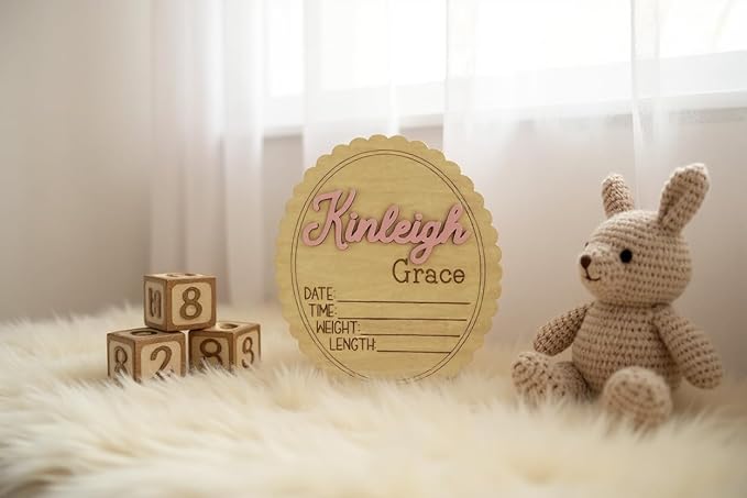 Personalized 3D Baby Name Sign with Floral Design, Scallop Engraved Birth Announcement Plaque, Baby Shower - Newborn Keepsake (Stat Sign)