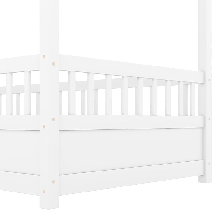 Bellemave Twin House Bed for Kids, Wooden Kids bedframe with Rails and Storage, Montessori Floor beds with high guardrail Without slats, White
