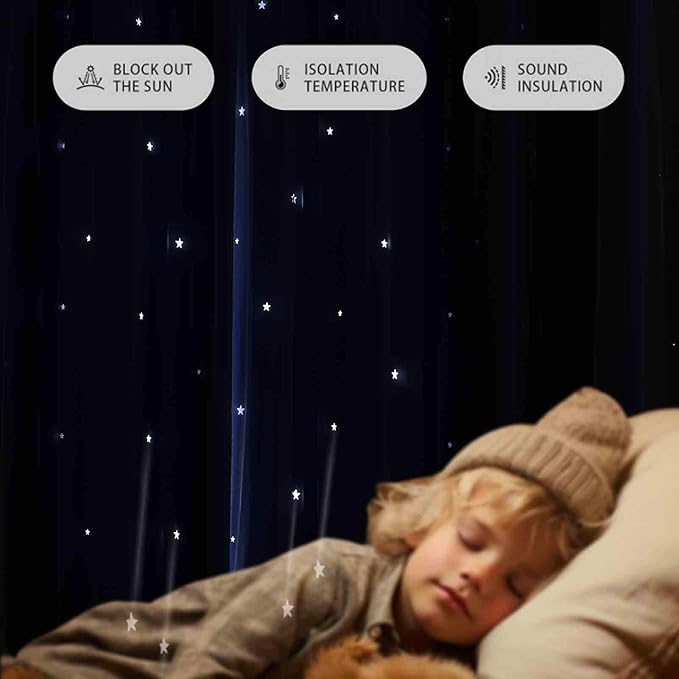 Anytime Girls Curtains for Bedroom Star Hollow Out Blackout Curtains for Kids Room Decor Double Layer Star Cut Out Window Curtains (2 Panel,W52 x L95,Blue)