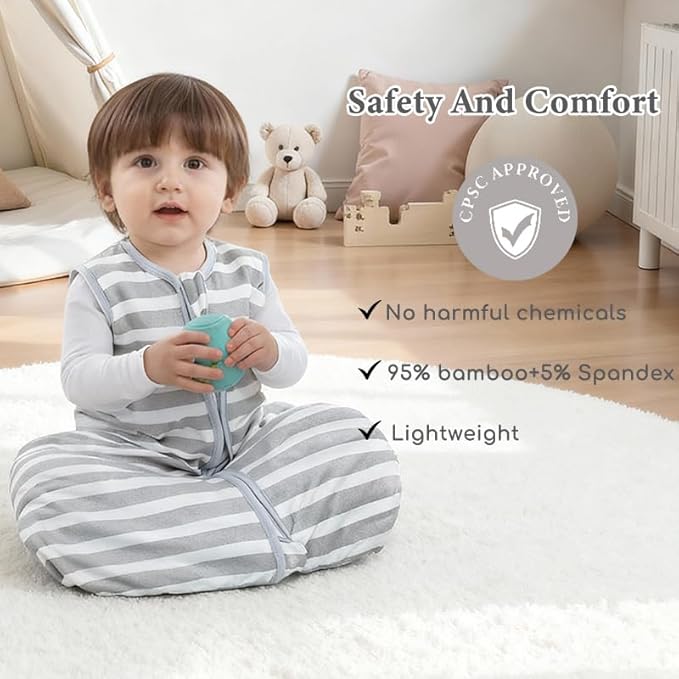 Baby Sleep Sack 12-18 Months 1.5 TOG, 2 Pack Bamboo Baby Wearable Blanket with 2-Way Zipper, Infant Toddler Sleeping Sack for Newborn Boys and Girls, Animals & Stripe