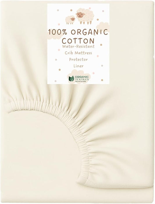 Organic Cotton Crib Mattress Protector (Water-Resistant) - Breathable Fitted Liner Pad, GOTS-Certified, Hypoallergenic, Made in USA – Portable 36"x26" - Pack of 1