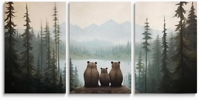 Set of 3 Bear Family Nursery Canvas Wall Art, Forest Animal Nursery Print, Woodland Nursery Wall Decor, Landscape Toddler Room Decor for Boy's Bedroom, Baby Girl's Nursery Decor, Framed 16"x24"x3