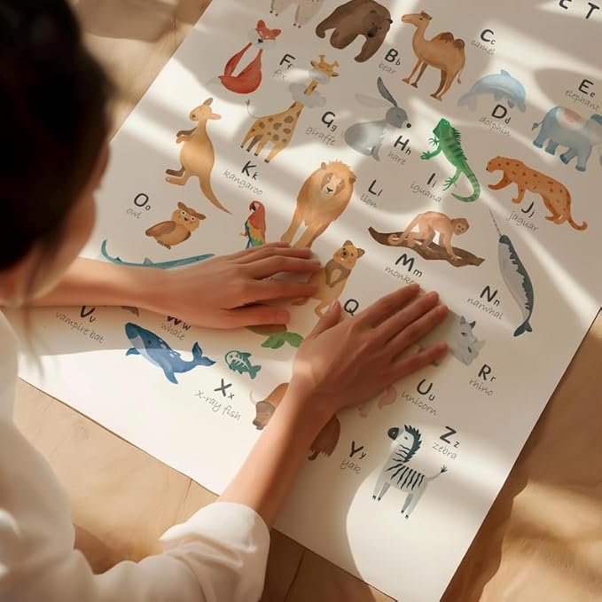OZCONO Animal Alphabet Learning Poster, Vibrant ABC Wildlife Chart Kids, Playroom Wall Decor Art, Homeschool Education Guide (Unframed) (12x18)