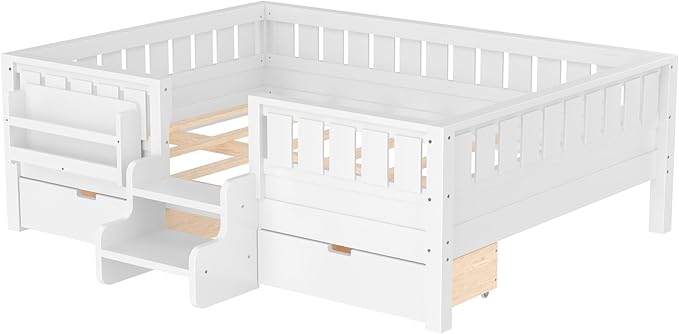 Bellemave Full Size Bed with Slats and Stairs, Full Size Platform Bed Frame with Fence, Bookshelf and Storage Drawers, Easy Assemble Beds for Kids, Girls, Boys, White