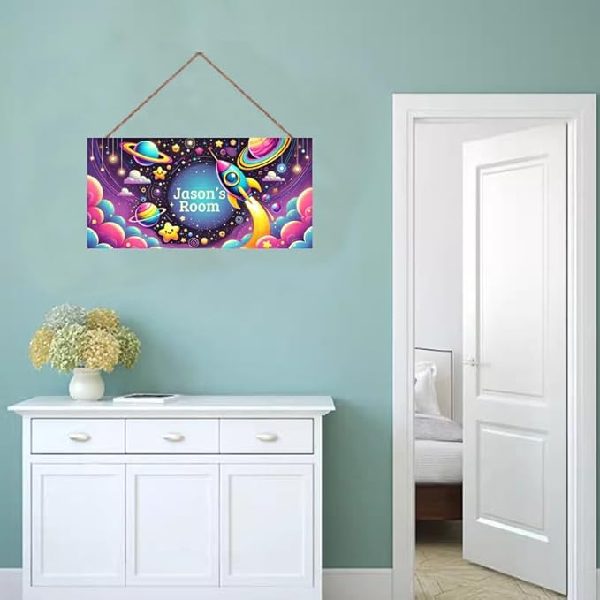 Personalized Name Sign Universe Theme Decor For Kids Room and Baby Nursery Kids Bedroom Wood Plaque Hanging Out Space Wall Art Decor