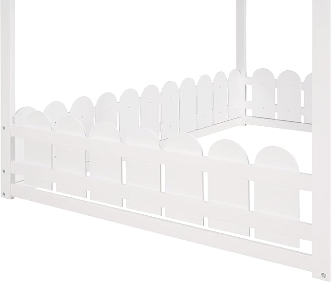 Bellemave Kids House Beds, Full Floor Bed with Fence Wood Cabin Bed Frame Can be Decorated for Teens, Girls, Boys, Adults, White