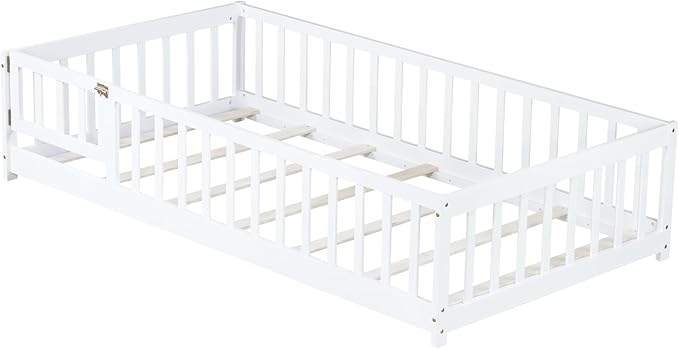 Bellemave Twin Size Floor Bed for Kids, Girls, Boys, Rubber Wood Floor Bed with slats and Door, White