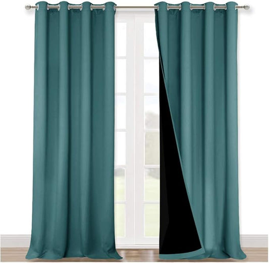NICETOWN 100% Blackout Curtains for Windows, Pack of 2, Sea Teal, 52" W x 120" L, Super Heavy-Duty Black Lined Total Darkness Drapes for Bedroom, Privacy Assured Window Treatment for Patio