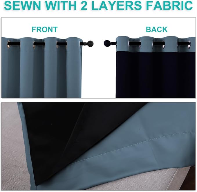 NICETOWN 100% Blackout Curtains for Windows, Pack of 2, Smoky Blue, 52" W x 102" L, Super Heavy-Duty Black Lined Total Darkness Drapes for Bedroom, Privacy Assured Window Treatment for Patio