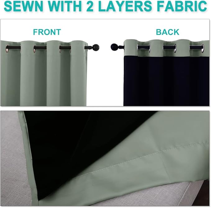 NICETOWN 100% Blackout Window Curtain Panels, Full Light Blocking Drapes with Black Liner for Nursery, 72-inch Drop Thermal Insulated Draperies (Greyish Green, 2 Pieces, 46-inch Wide Per Panel)