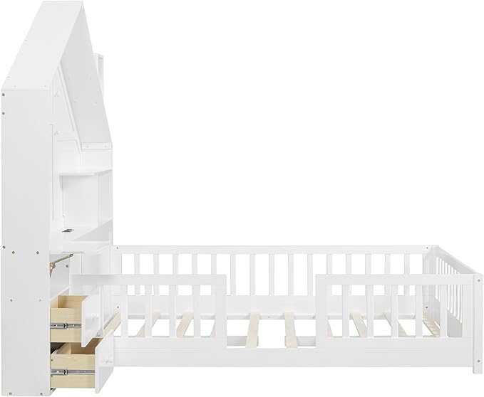 Full Size Kids Floor Bed with Safety Fence, Solid Wood Montessori Platform Bed with House Shape Headboard with Bedside Drawers, Shelves, Sockets and USB Port for Kids Boys Girls (White-LF)