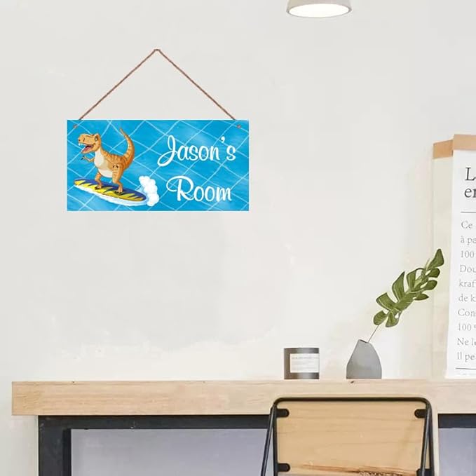 Personalized Dinosaur Sign Surf Riding Art Decor For Kids Room Custom Name Door Wall Decor, Floral Nursery Art For Boys Room Baby Bedroom Girls Cave, 5*10inch Tin Wood Wall Mount Sign