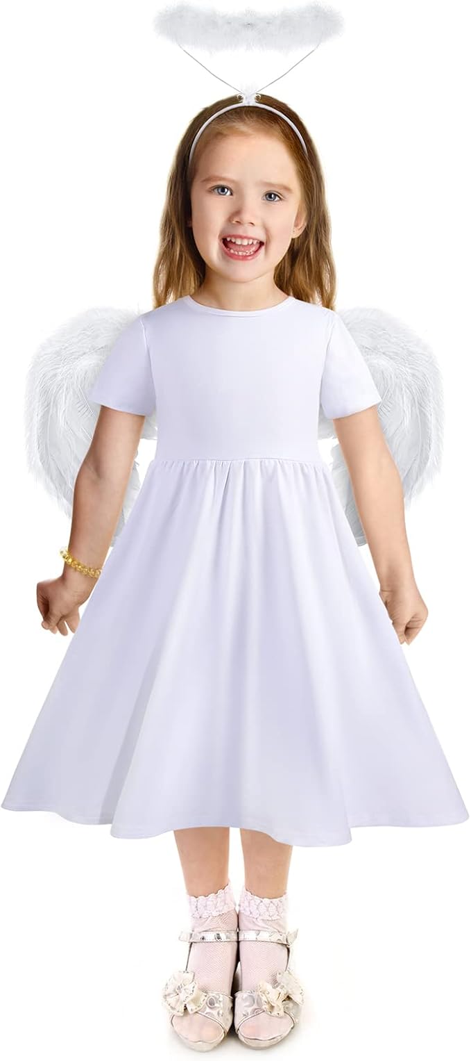 Haysandy 3 Pcs Christmas Angel Costumes for Kids Girls Set Fairy Dress Angel Feather Wings Headband for Xmas Dress up Cosplay