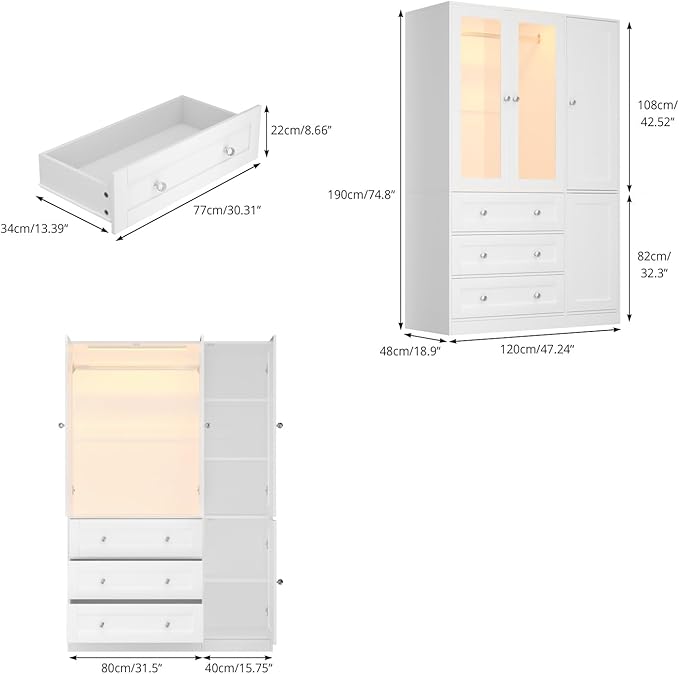 VOWNER 75" Tall Armoire Wardrobe Closet with Drawers and LED Lights, Clothing Storage Cabinet with Glass Doors & Hanging Rod, 4 Doors Wooden Armoire Storage Cabinet for Bedroom(White)