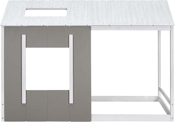 Twin Size House Platform Bed with Roof and Window,Modern Bedroom Wood Bed Frame W/No Box Spring Required,Easy to Install,for Girl Boy Kid,White+Antique Grey