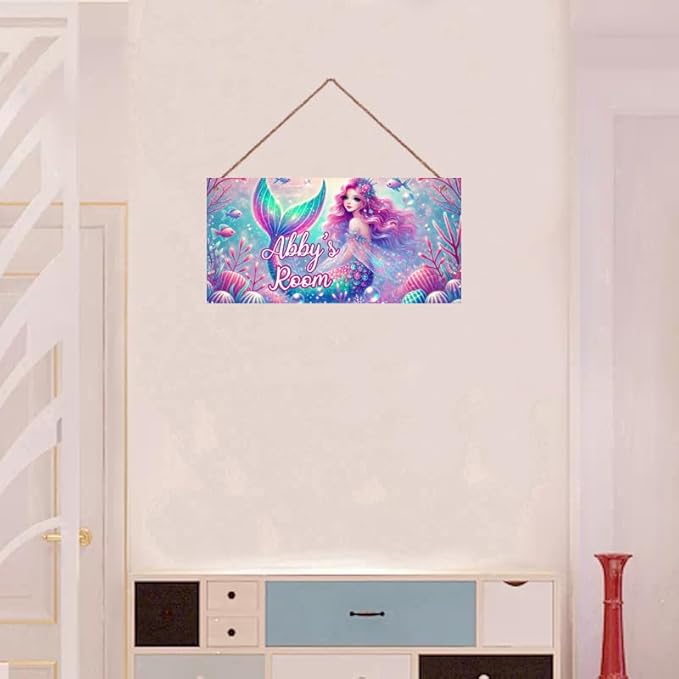 Personalized Mermaid Signs for Girls Room Bedroom Door Hanging Wooden Signs Custom Baby Name Ocean Door Hanger Baby Nursery Room Customized Kids Room Décor