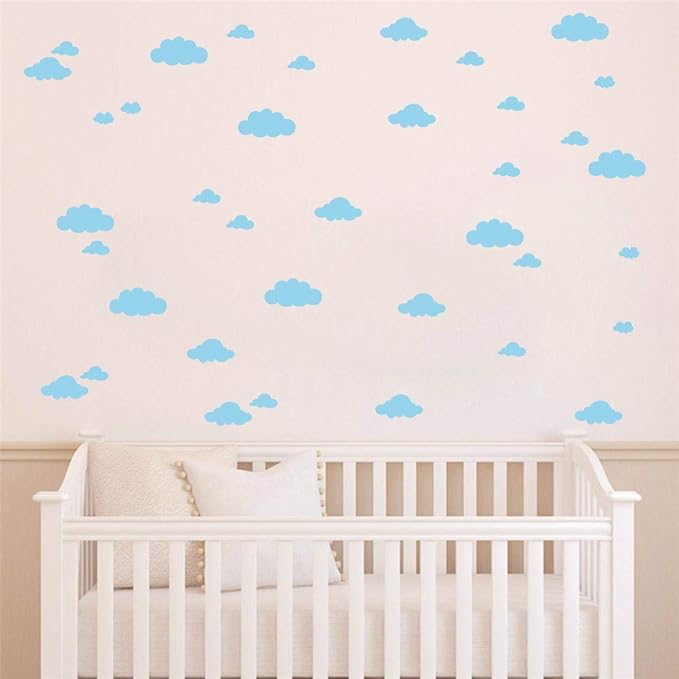 31 Pcs Assorted Cloud Wall Decals – Mixed Size 4 to 10 Inch Vinyl Stickers for Baby Nursery, Kids Bedroom, or Playroom – Removable Sky Theme Room Decoration Mural YYU-14 (Light Blue)