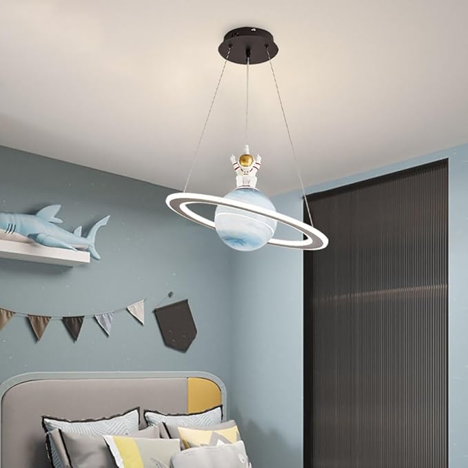 Astronaut Pendant Light with Glass Globe, Cute Planet Hanging Light Fixture, LED Cartoon Chandelier for Children's Bedroom Nursery